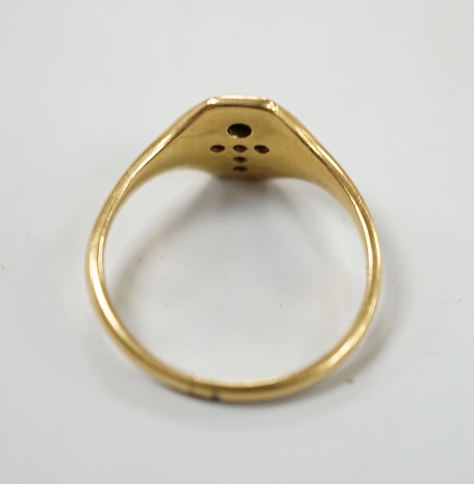 A 1930's 18ct gold emerald and diamond set ring with cross motif, size P, gross weight 4.7 grams.